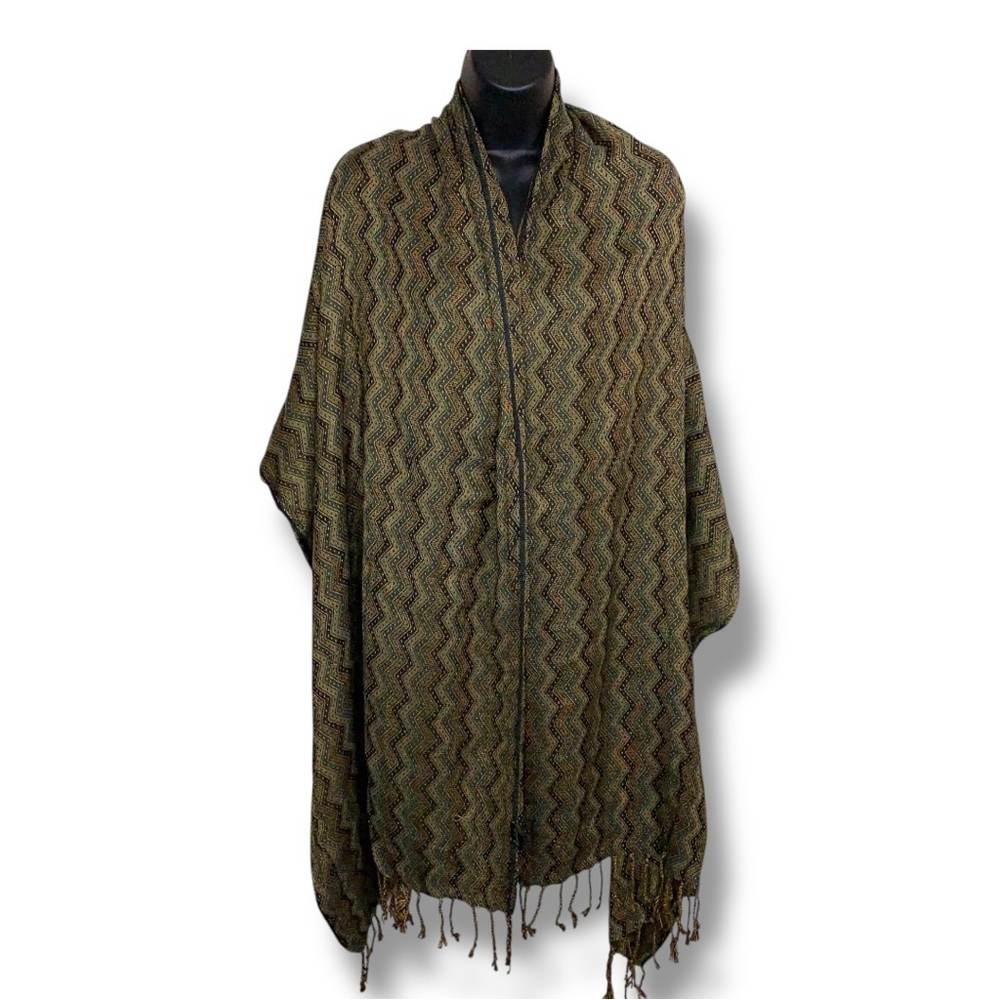 Vintage Isabella Scarf Wrap Olive Green Beige Fringe Boho Bohemian Geometric